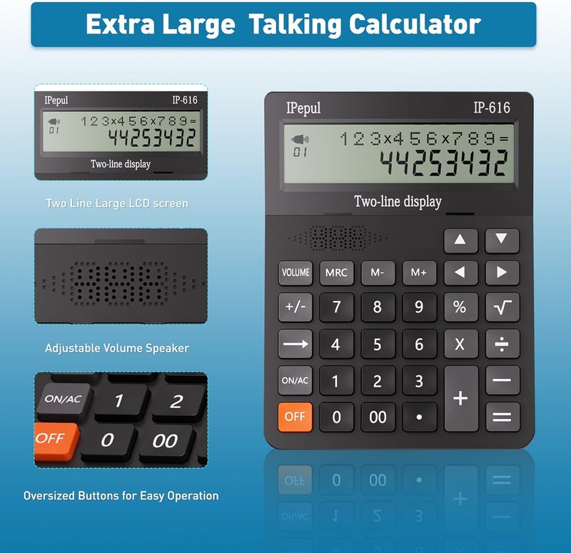 iPepul Calculators Desktop, Desk Calculator with Large 2 Line Display, Talking Basic Calculator with Big Button & Adjustable Volume, 4 Function Calculators for Business, Students, Office Supplies(Black) - Image 2